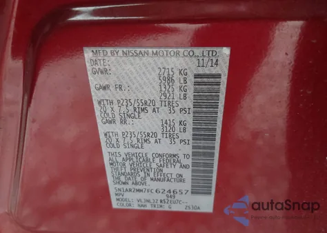 2015 Nissan Pathfinder Platinum from USA, damaged, VIN 5N1AR2MM7FC624657
